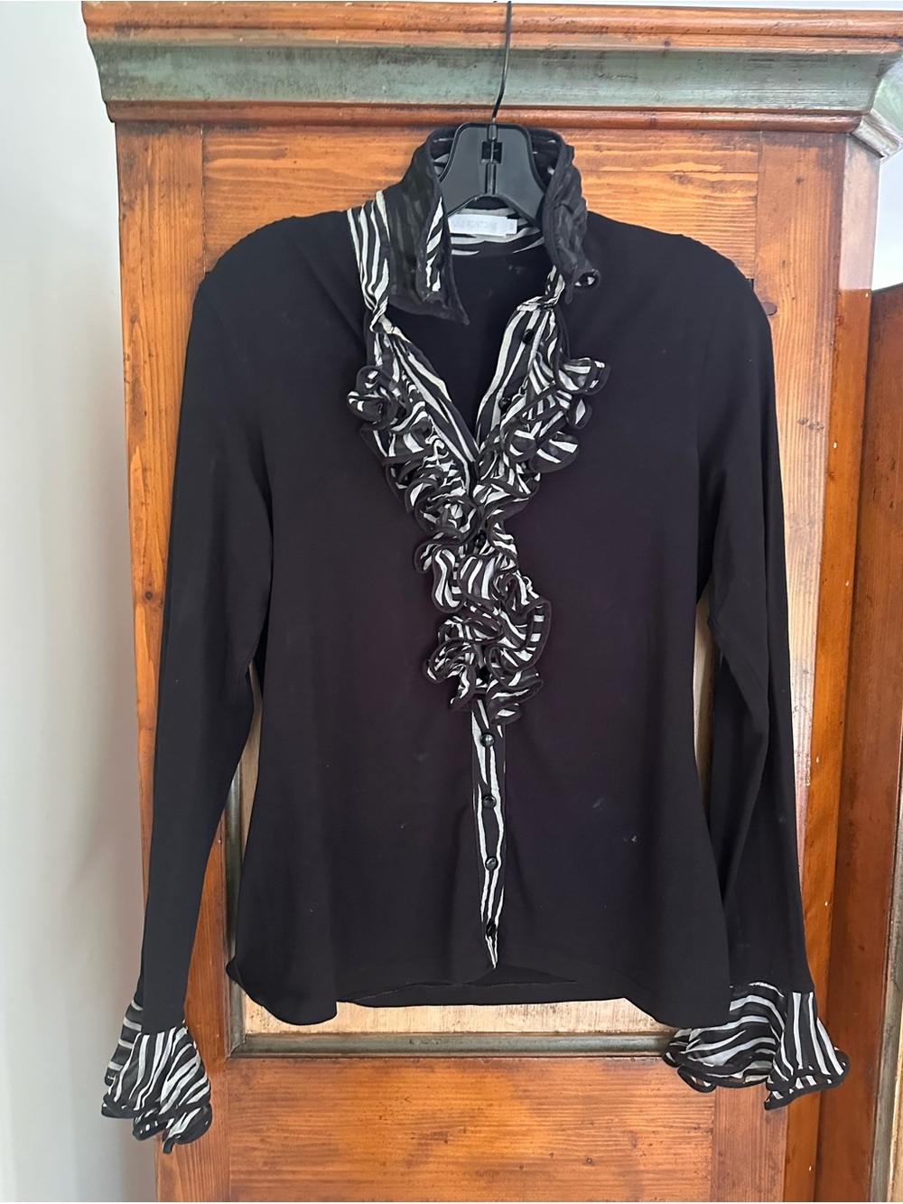 Anne Fontaine Black Long-Sleeve Top with Zebra-Striped Ruffle Trim